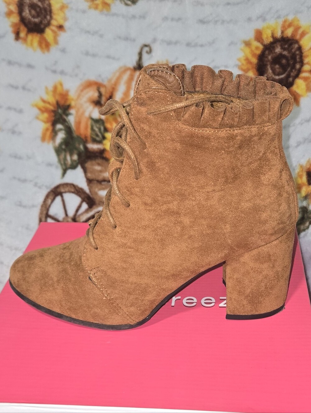 Suede Lace-Up Ruffle Ankle Boots in Brown